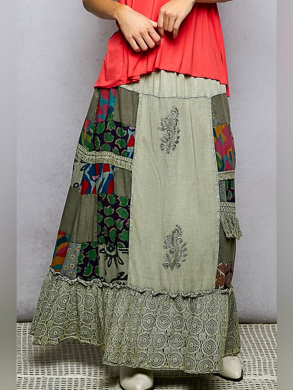 POL Printed Patchwork Embroidered Ruffled Skirt